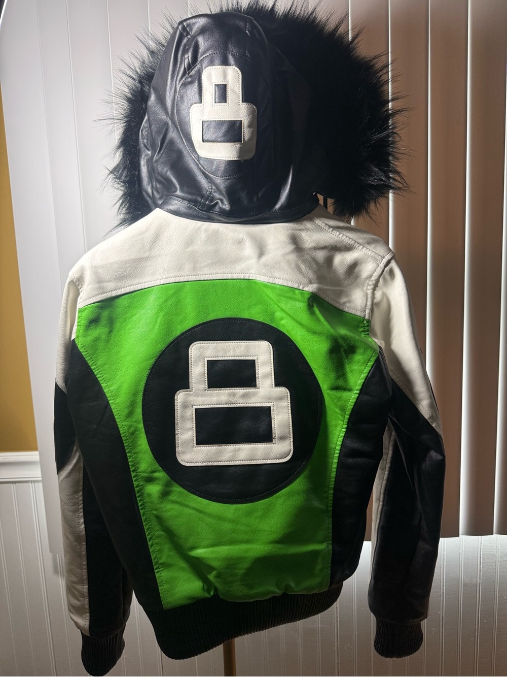 Black White and Green Faux Fur Hooded Jacket